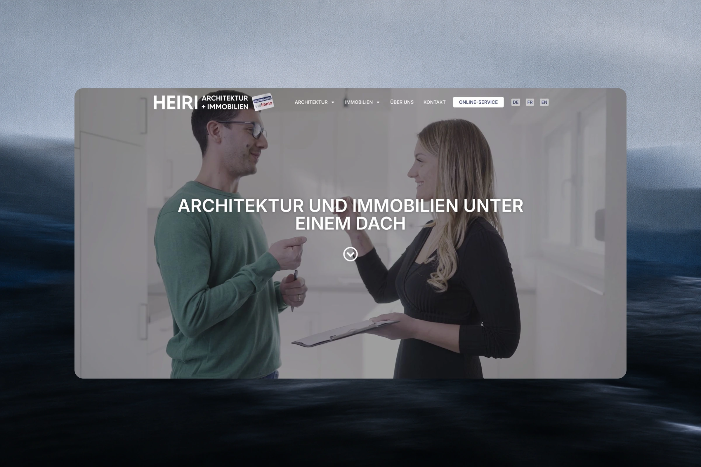 Startseite – Die Startseite von Heiri Architektur + Immobilien AG mit Hauptnavigation und grosszügigem Einstiegsbereich.